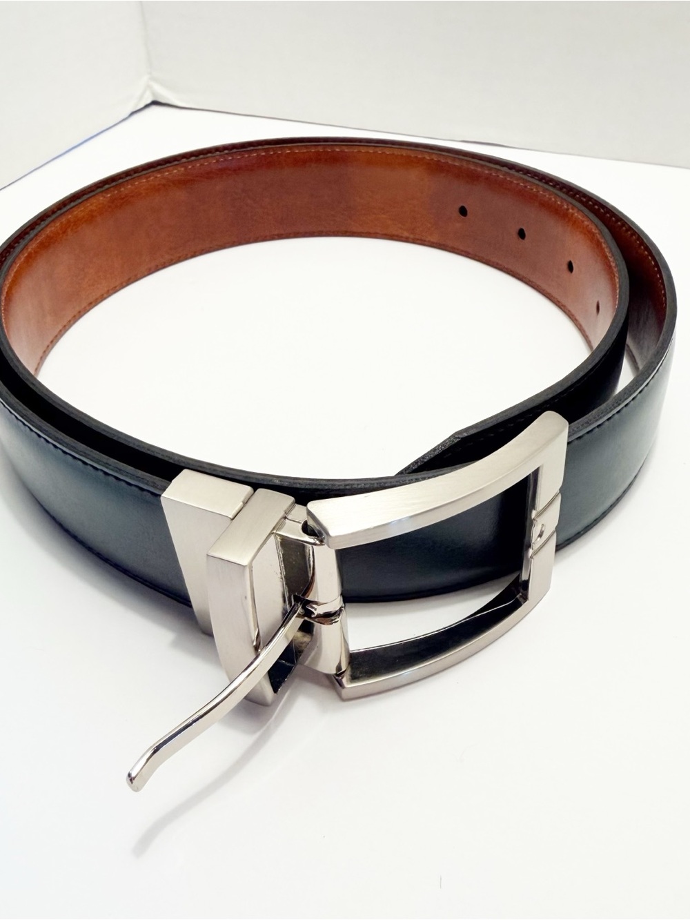 Men's Reversible Black/Brown Leather Dress Belt with Brushed Silver Buckle